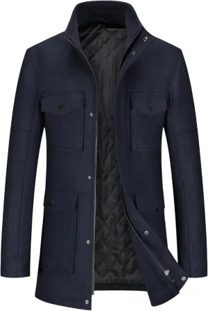 Men's Wool Blend Business Overcoat Stand Collar Warm Winter Trench Coat Slim Fit Windproof Pea Coat Down Topcoat