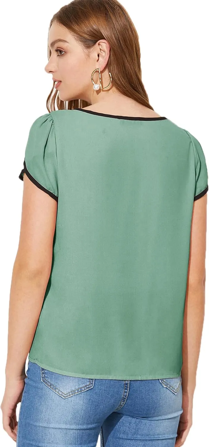 Milumia Women's Casual Work Top Cap Sleeve Round Neck Keyhole Business Blouse