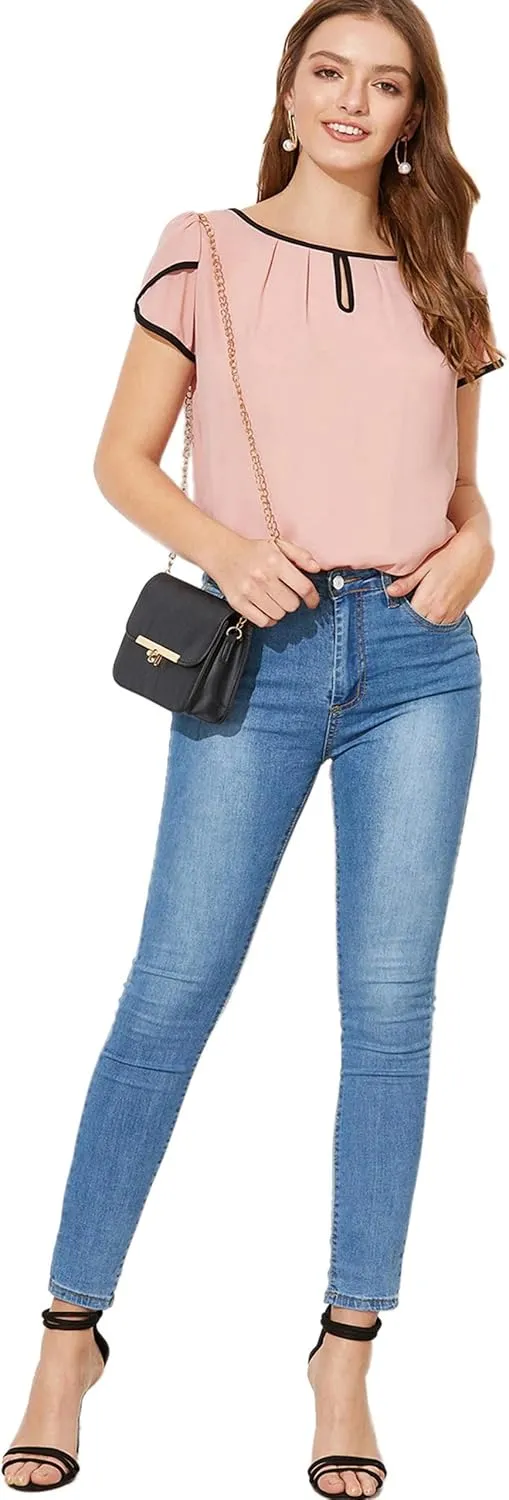 Milumia Women's Casual Work Top Cap Sleeve Round Neck Keyhole Business Blouse
