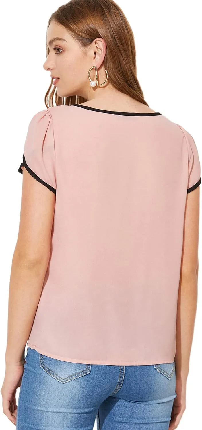 Milumia Women's Casual Work Top Cap Sleeve Round Neck Keyhole Business Blouse