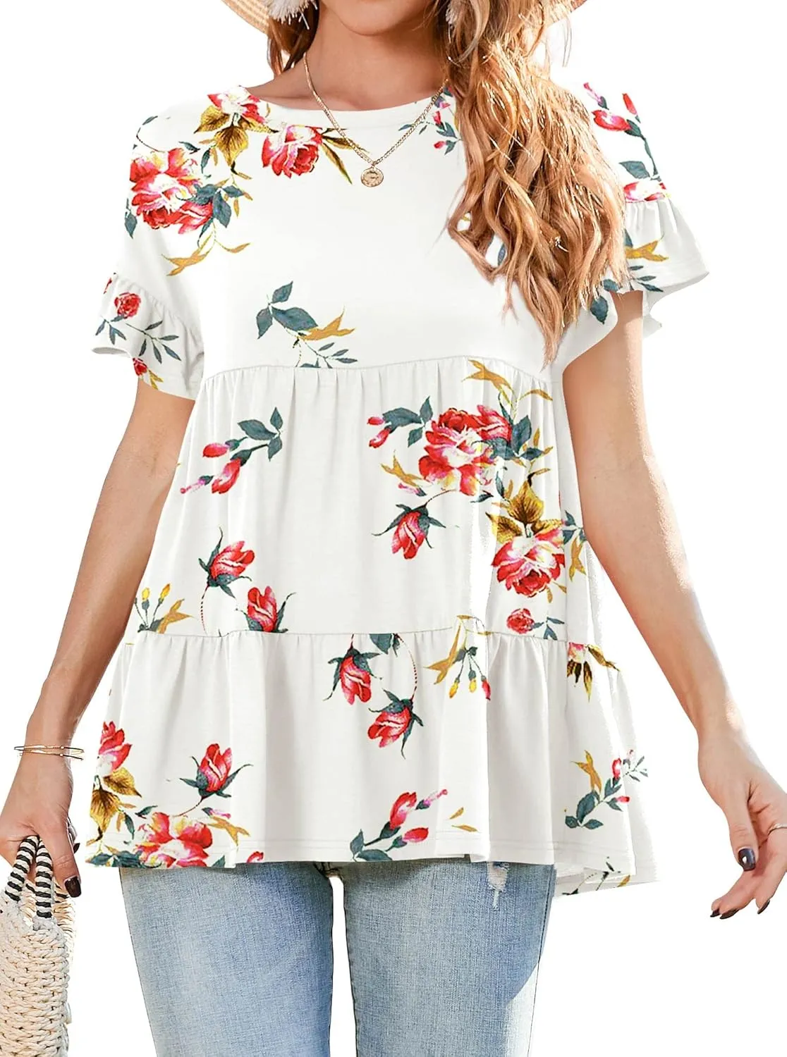 Neineiwu Women's Casual Ruffle Short Sleeve Crewneck Loose Tops Blouses Tunics
