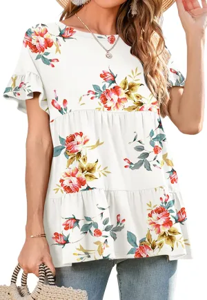 Neineiwu Women's Casual Ruffle Short Sleeve Crewneck Loose Tops Blouses Tunics