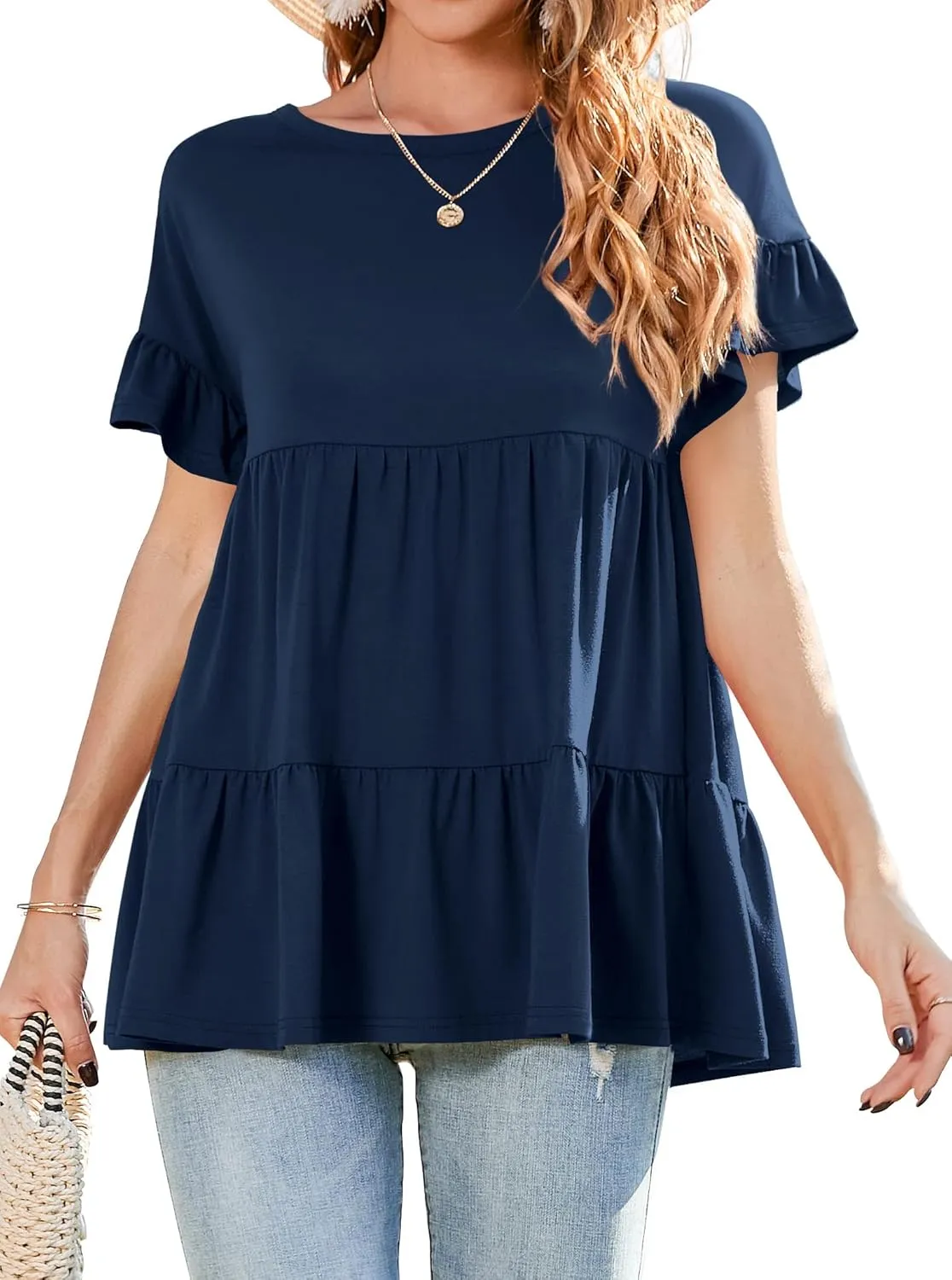 Neineiwu Women's Casual Ruffle Short Sleeve Crewneck Loose Tops Blouses Tunics