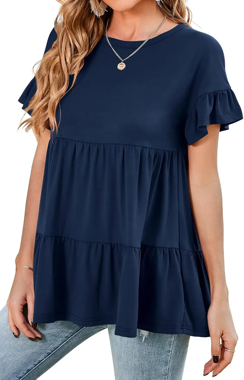 Neineiwu Women's Casual Ruffle Short Sleeve Crewneck Loose Tops Blouses Tunics