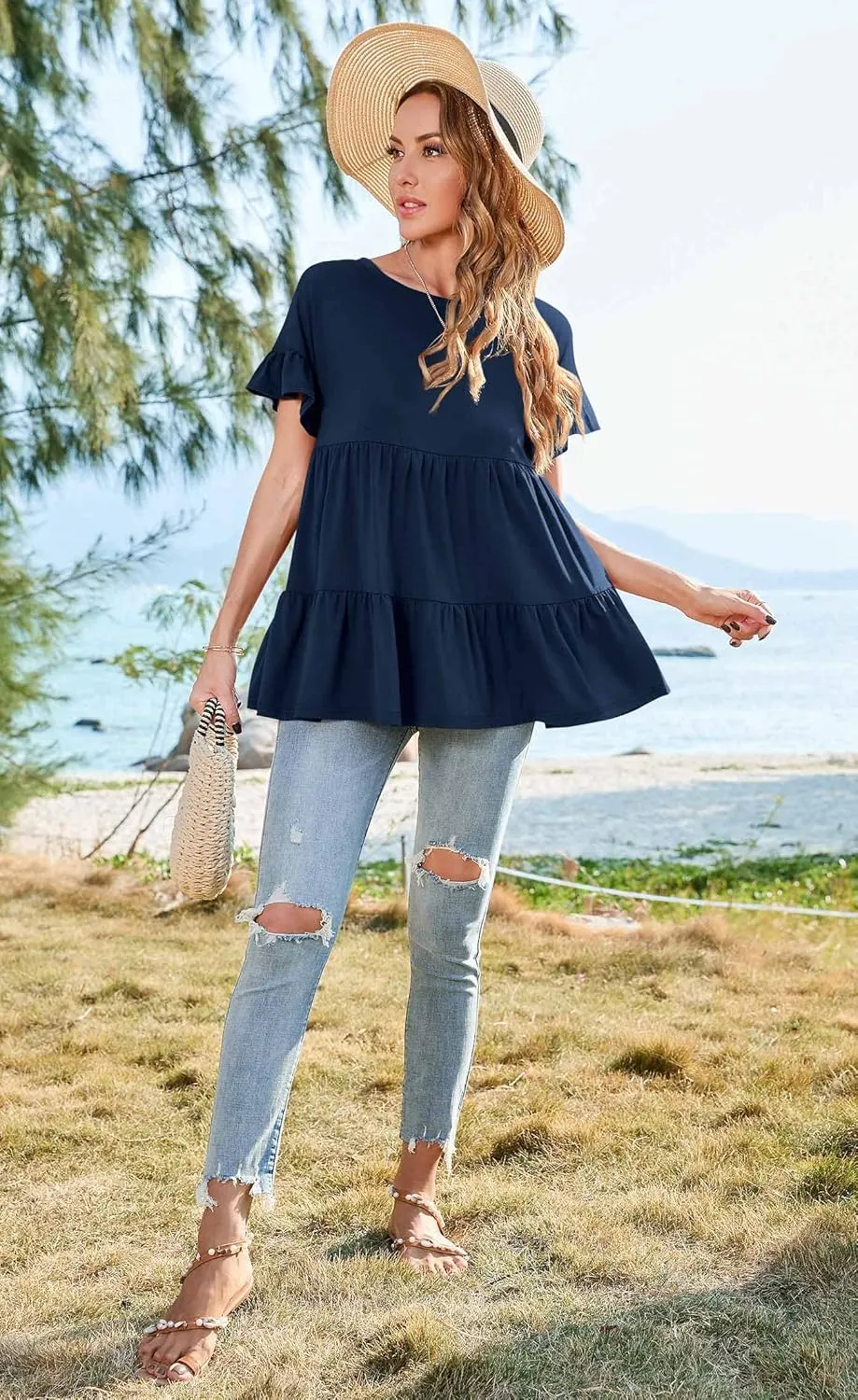 Neineiwu Women's Casual Ruffle Short Sleeve Crewneck Loose Tops Blouses Tunics