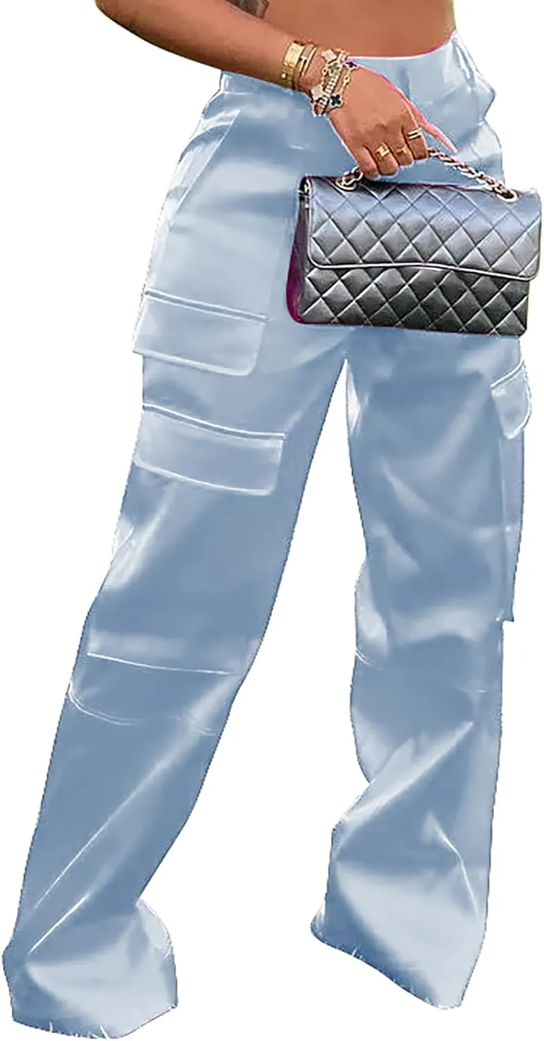 NRTHYE Women High Waisted Satin Cargo Pants Wide Leg Casual Pants Multi Pockets Straight Trousers