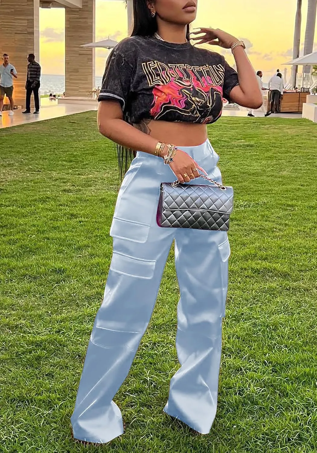 NRTHYE Women High Waisted Satin Cargo Pants Wide Leg Casual Pants Multi Pockets Straight Trousers