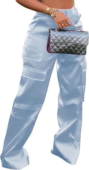 NRTHYE Women High Waisted Satin Cargo Pants Wide Leg Casual Pants Multi Pockets Straight Trousers