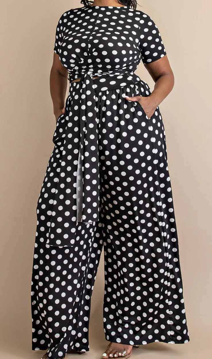 Polkadot 2-Piece Wrap Top and Wide Leg Pants Set