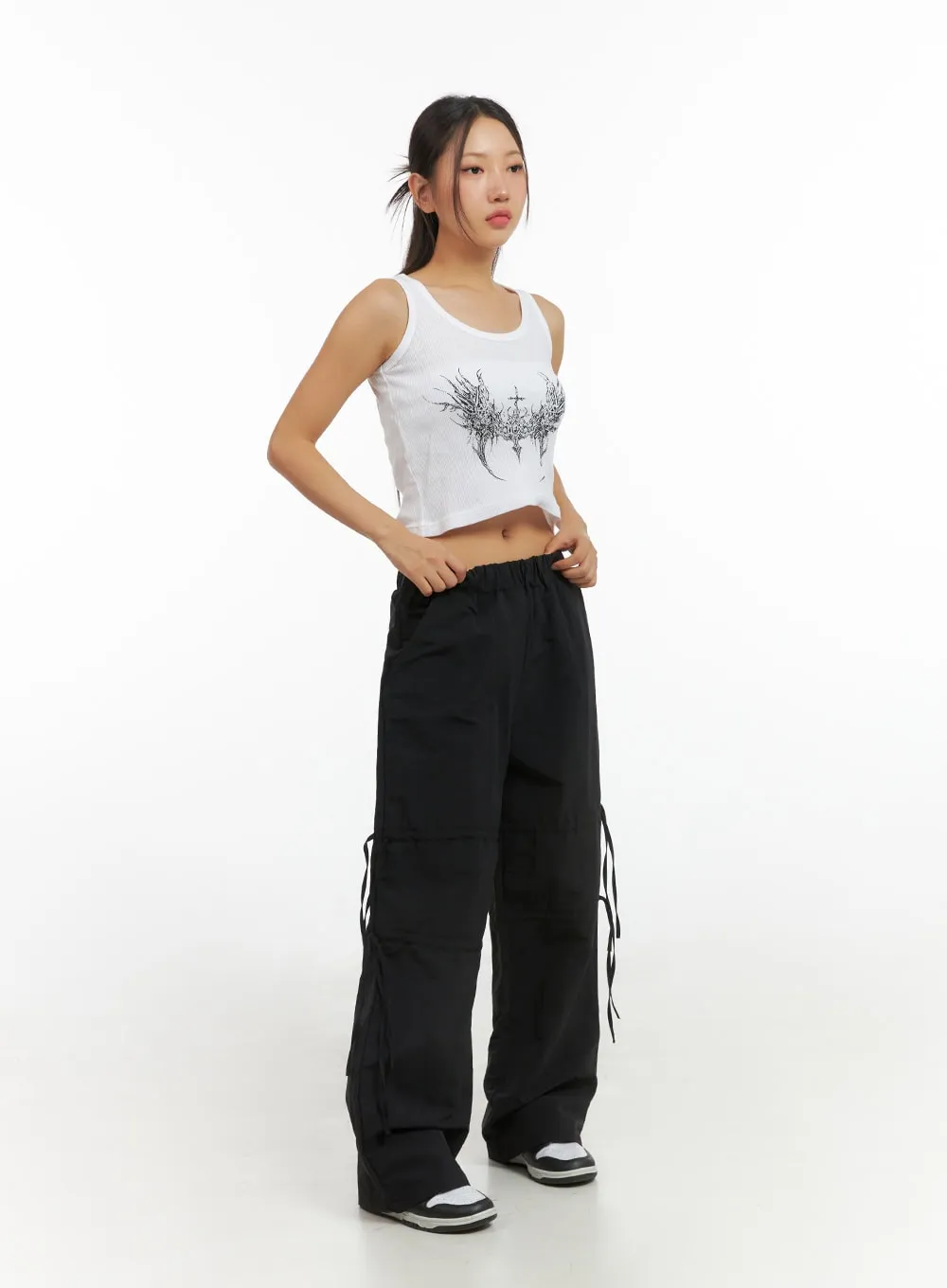 Shirred Ribbon Banded Wide-Leg Pants IS402
