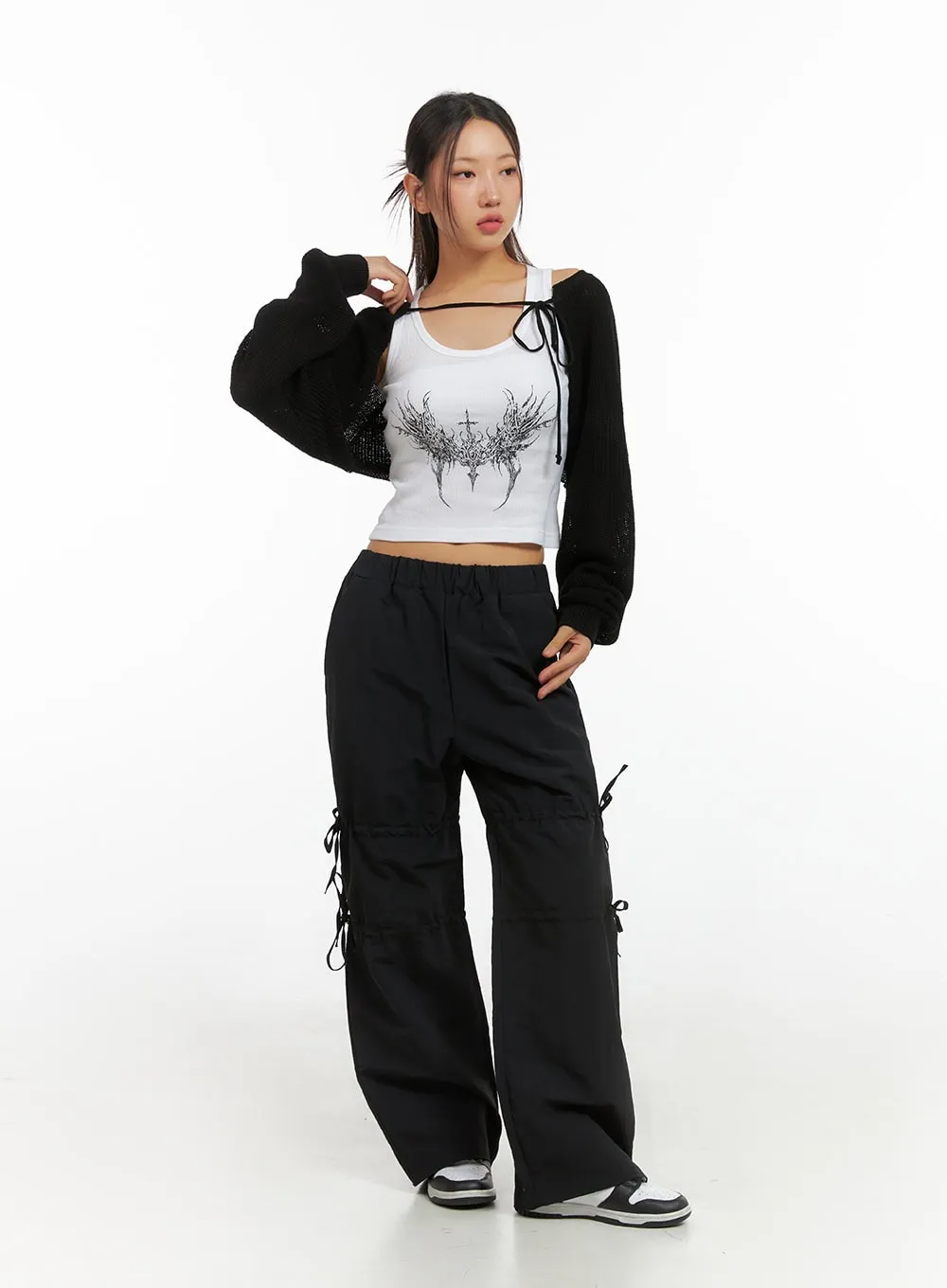 Shirred Ribbon Banded Wide-Leg Pants IS402