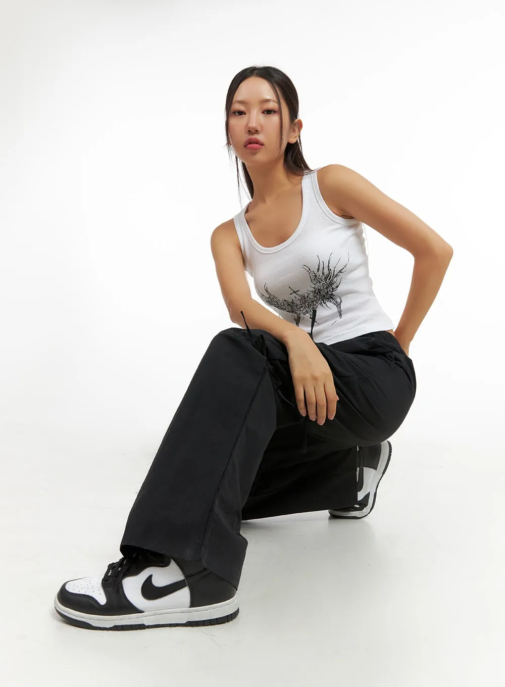 Shirred Ribbon Banded Wide-Leg Pants IS402