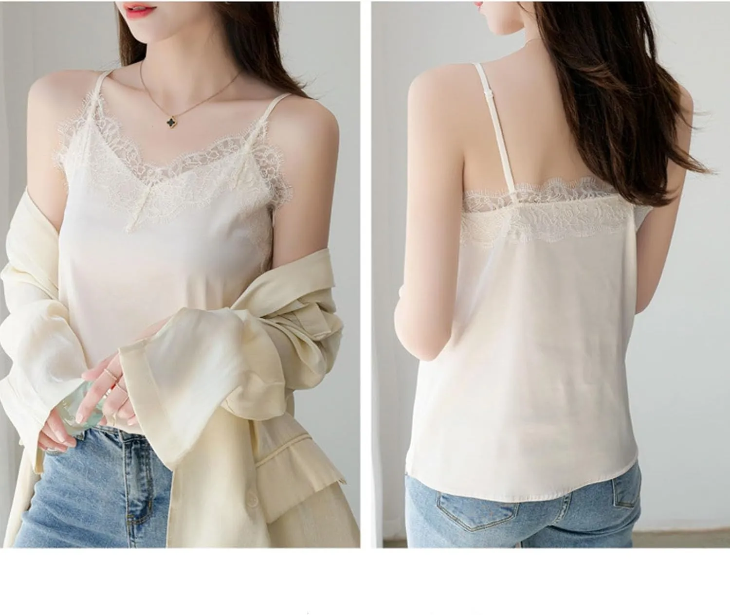 Silk Camisole Tops for Women Sexy V-Neck Silk Satin Tank Tops Lace Trimmed Camisole Soft Spaghetti Strap Loose
