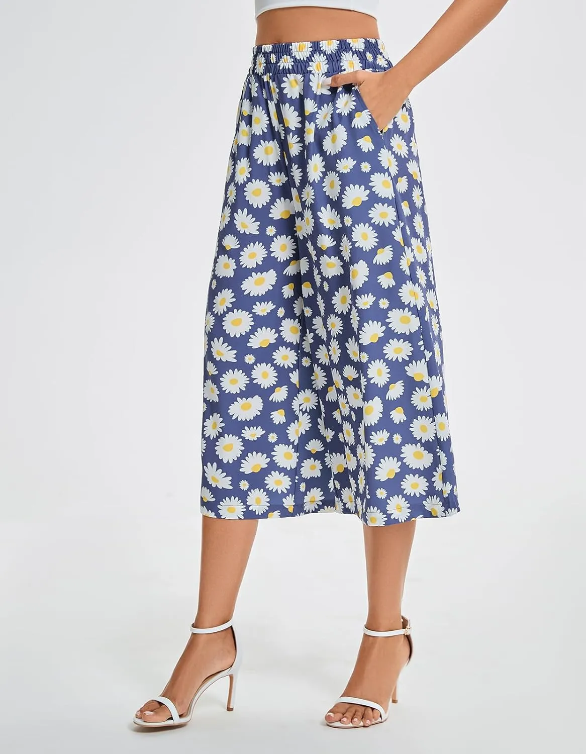 sissycos Capri Pants for Women Loose High Waisted Wide Leg Palazzo Culottes Floral Printed Lounge Gaucho Capris with Pockets