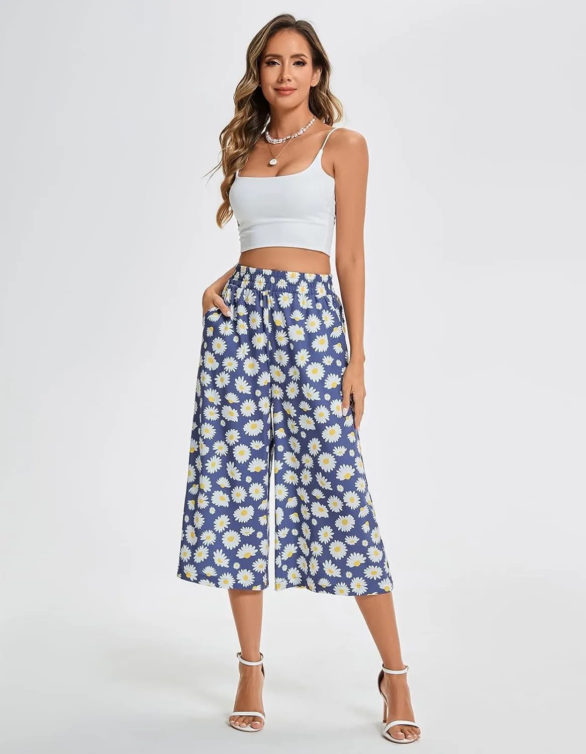 sissycos Capri Pants for Women Loose High Waisted Wide Leg Palazzo Culottes Floral Printed Lounge Gaucho Capris with Pockets