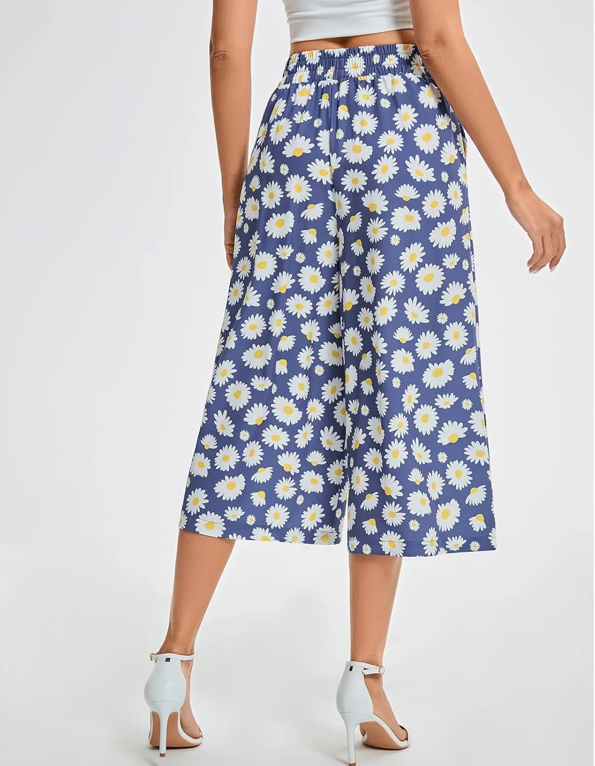 sissycos Capri Pants for Women Loose High Waisted Wide Leg Palazzo Culottes Floral Printed Lounge Gaucho Capris with Pockets