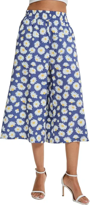 sissycos Capri Pants for Women Loose High Waisted Wide Leg Palazzo Culottes Floral Printed Lounge Gaucho Capris with Pockets