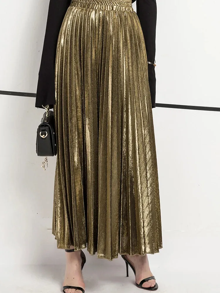 Solid Spliced Pleated Skirts For Women High Waist Temperament Casual Elegant Chic Skirt Female Fashion Clothing