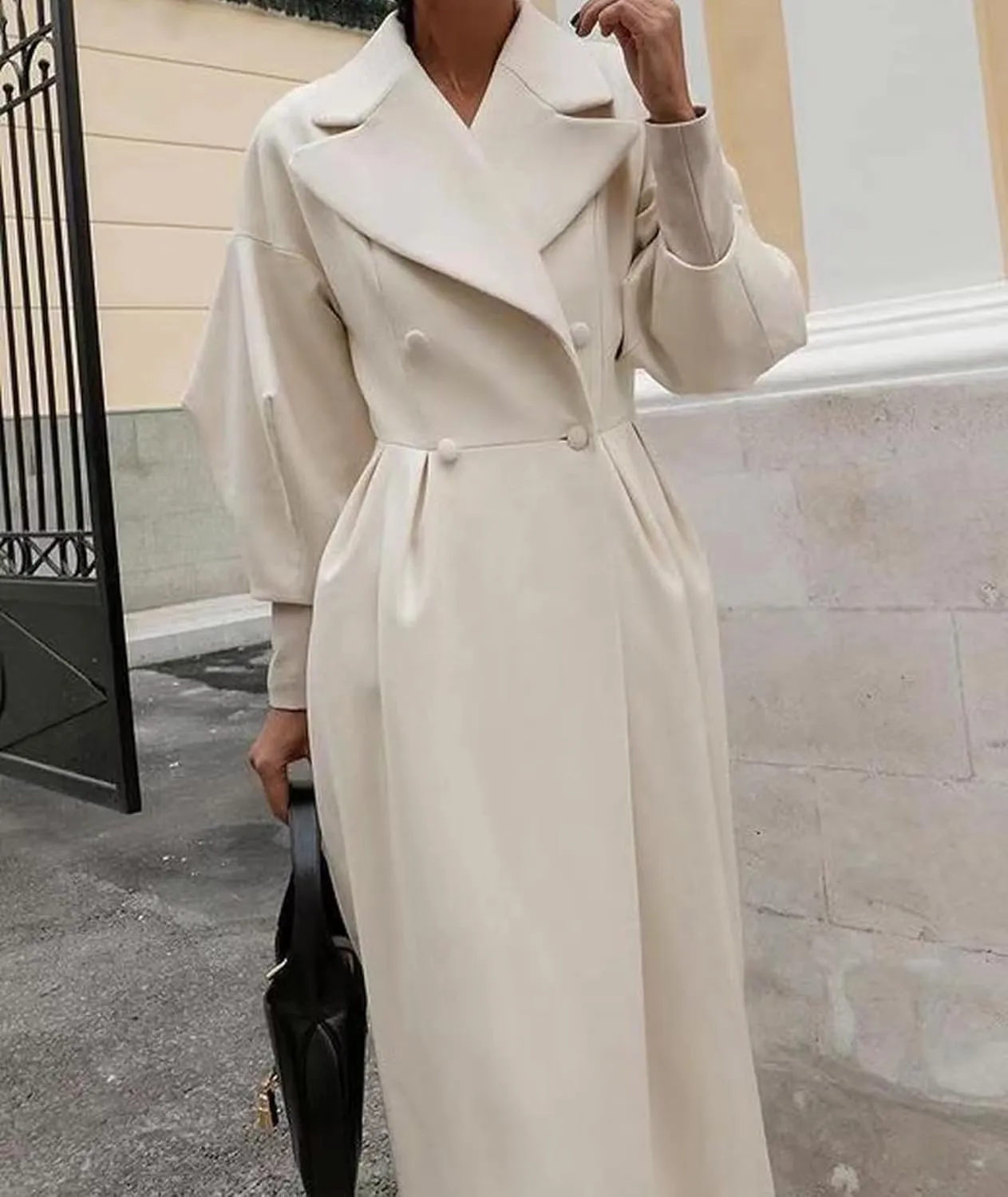 SOMTHRON Women's Casual Trench Coat Double Breasted Notched Lapel Long Lantern Sleeve Jacket Overcoat Pea Coat