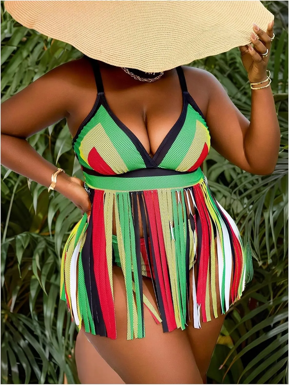 SweatyRocks Women's Plus Size High Waist Tankini Fringe Swimwear Tassel Swimsuit