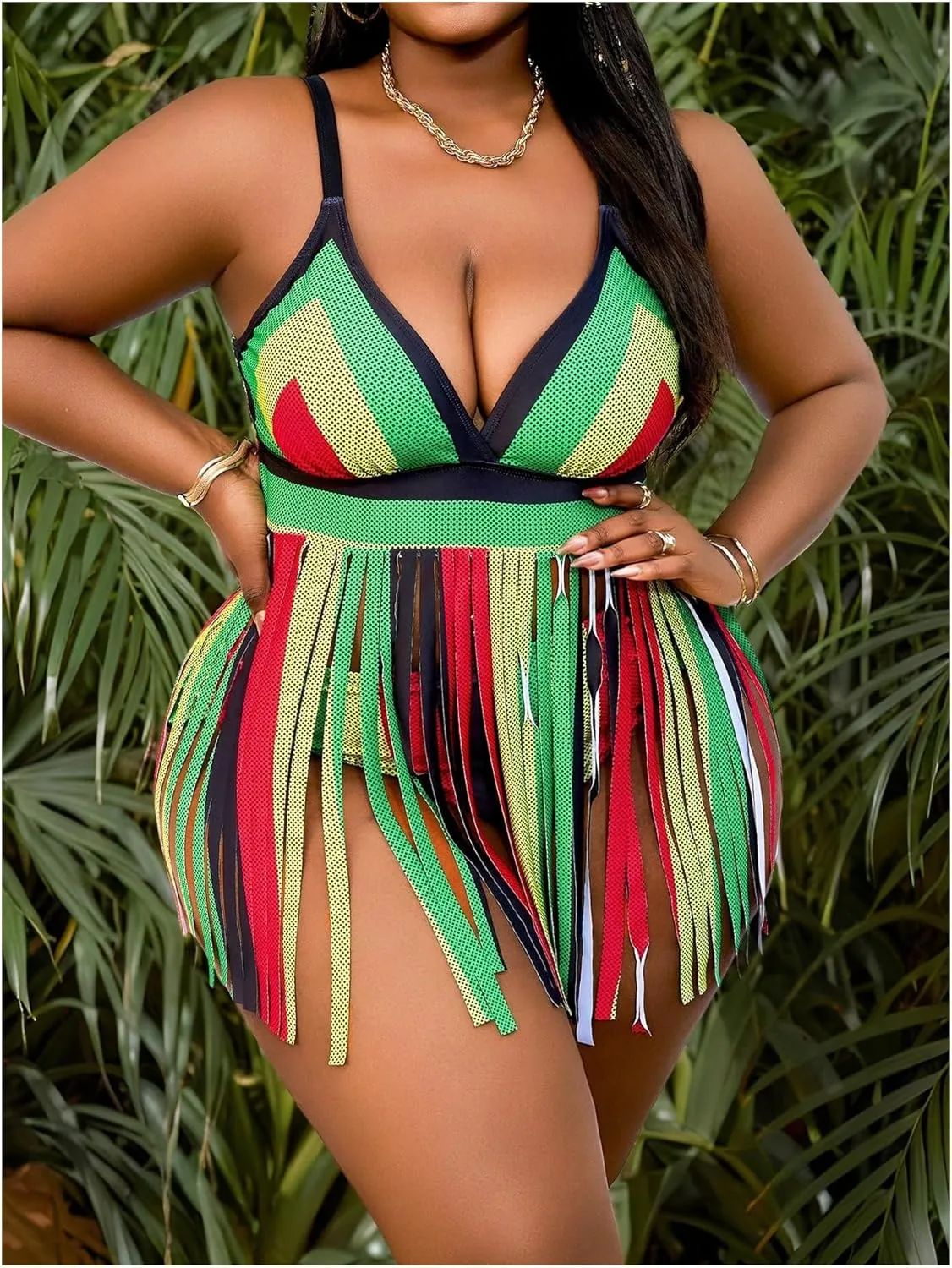 SweatyRocks Women's Plus Size High Waist Tankini Fringe Swimwear Tassel Swimsuit