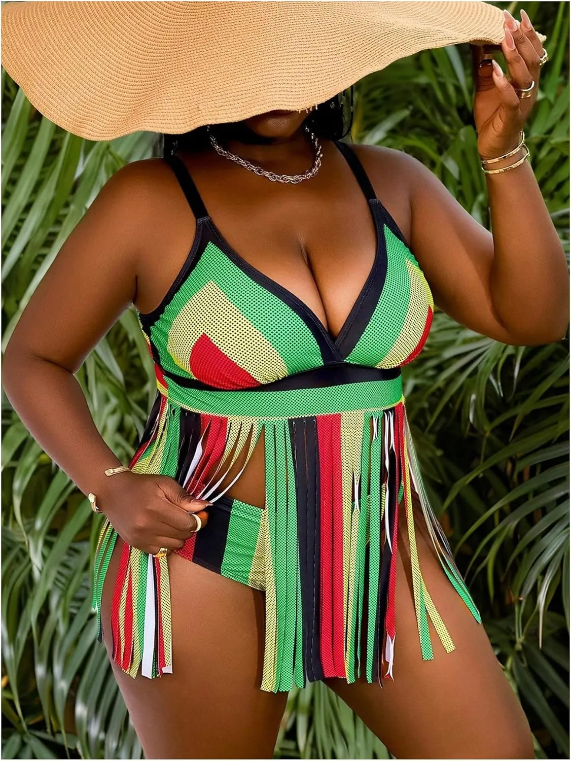 SweatyRocks Women's Plus Size High Waist Tankini Fringe Swimwear Tassel Swimsuit