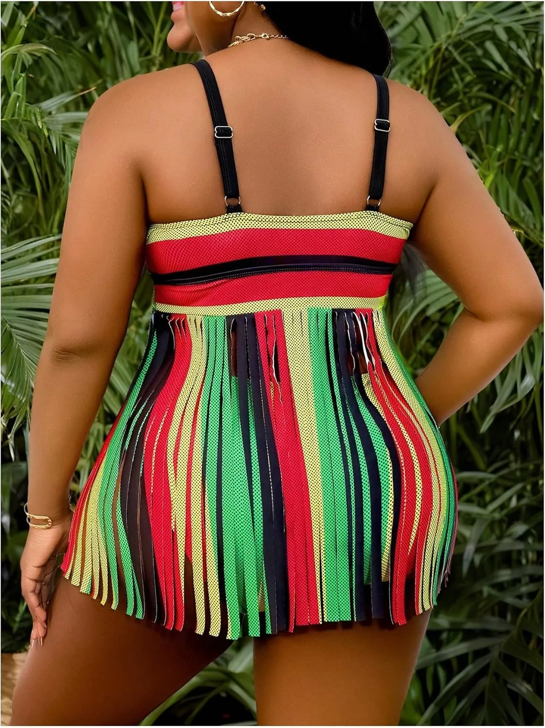 SweatyRocks Women's Plus Size High Waist Tankini Fringe Swimwear Tassel Swimsuit