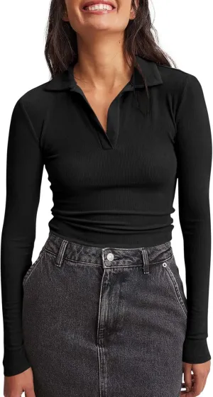 Tankaneo Womens Long Sleeve Polo Shirts V Neck Collared Work Shirt Slim Fit Ribbed Knit Basic Going Out Fall Tops