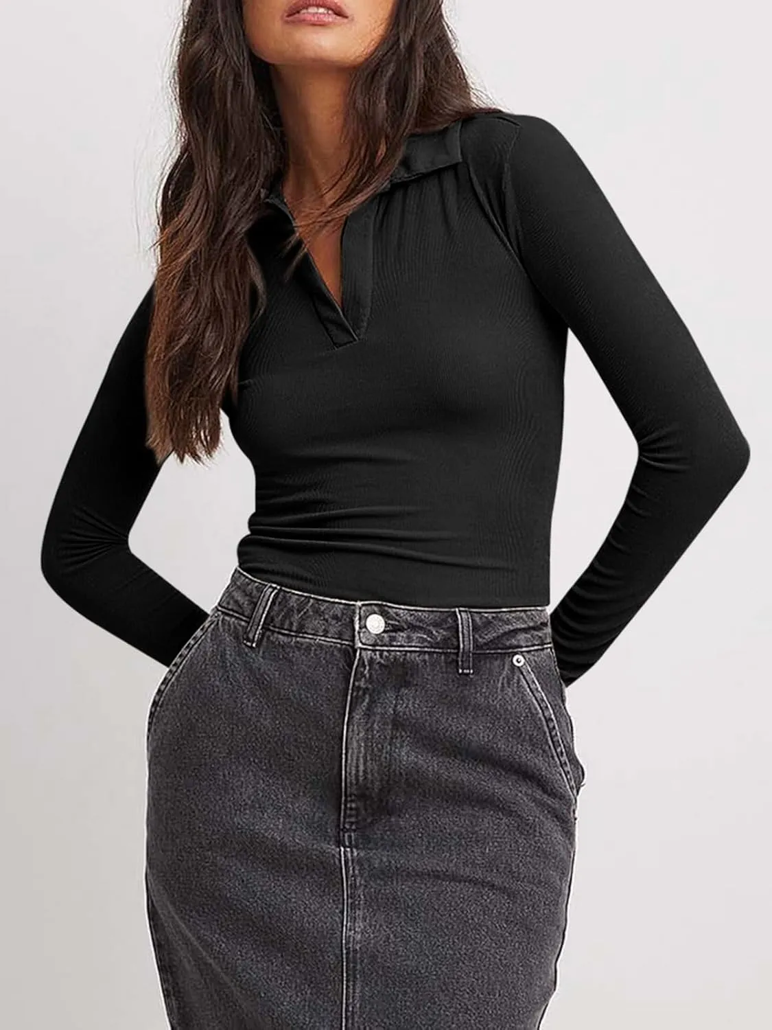Tankaneo Womens Long Sleeve Polo Shirts V Neck Collared Work Shirt Slim Fit Ribbed Knit Basic Going Out Fall Tops