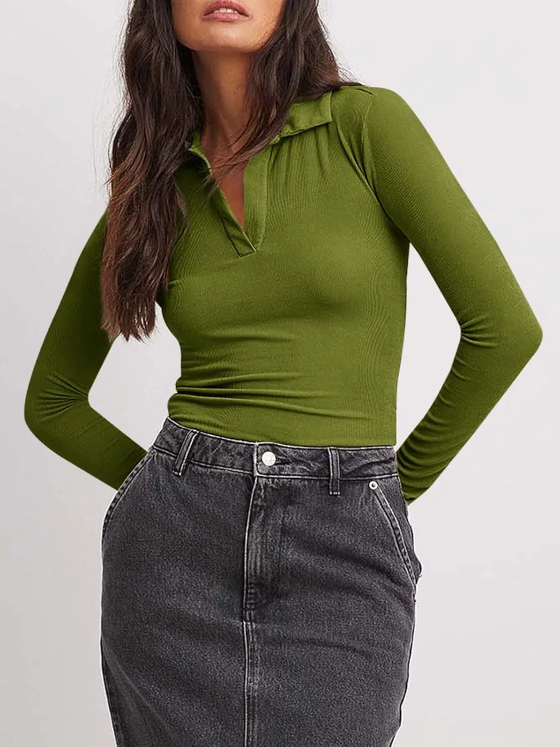 Tankaneo Womens Long Sleeve Polo Shirts V Neck Collared Work Shirt Slim Fit Ribbed Knit Basic Going Out Fall Tops