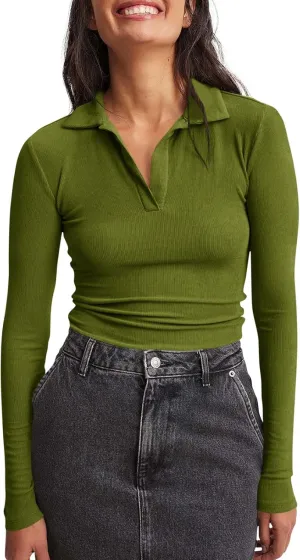 Tankaneo Womens Long Sleeve Polo Shirts V Neck Collared Work Shirt Slim Fit Ribbed Knit Basic Going Out Fall Tops