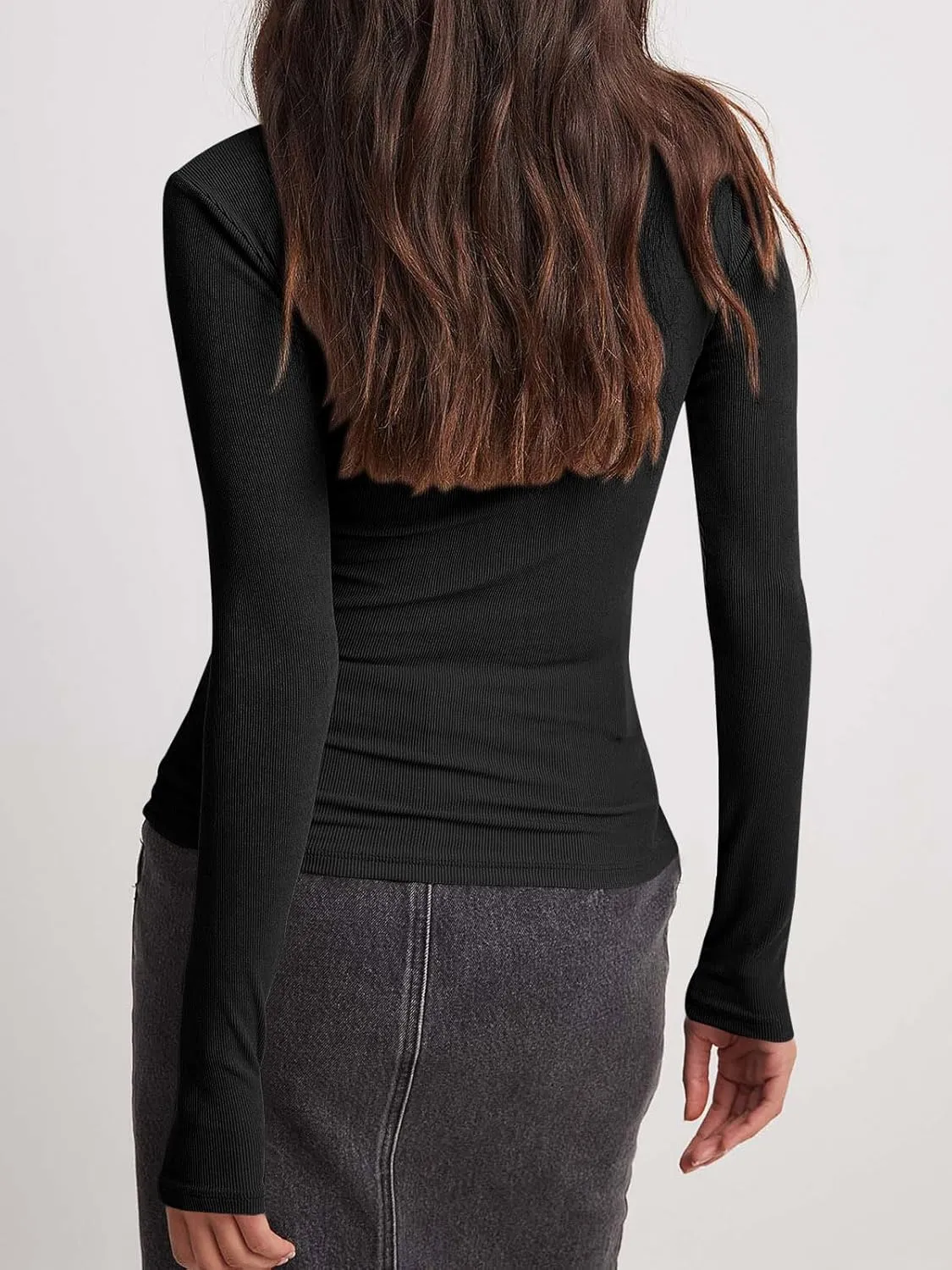 Tankaneo Womens Long Sleeve Polo Shirts V Neck Collared Work Shirt Slim Fit Ribbed Knit Basic Going Out Fall Tops