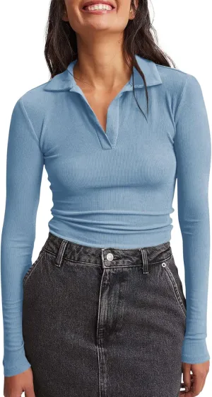 Tankaneo Womens Long Sleeve Polo Shirts V Neck Collared Work Shirt Slim Fit Ribbed Knit Basic Going Out Fall Tops