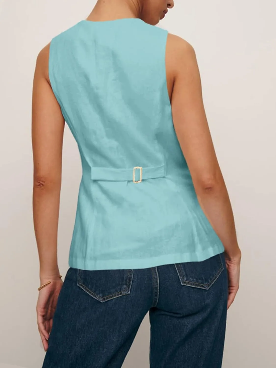 Tankaneo Womens Summer Suit Vest Tops Fashion Casual Sleeveless Blazers Split Hem Button Down Linen Work Waistcoat