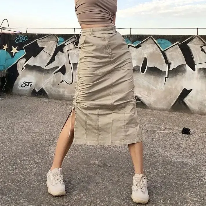 TAVIMART  -  High Street Cargo Skirts for Women Summer New Retro Pleated American Spicy Girl High Waist Slim A-line Split Mid Lenght Skirt