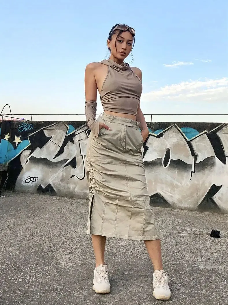 TAVIMART  -  High Street Cargo Skirts for Women Summer New Retro Pleated American Spicy Girl High Waist Slim A-line Split Mid Lenght Skirt