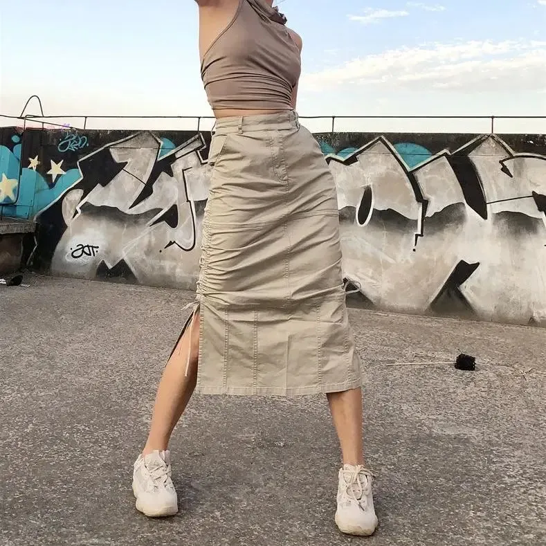 TAVIMART  -  High Street Cargo Skirts for Women Summer New Retro Pleated American Spicy Girl High Waist Slim A-line Split Mid Lenght Skirt