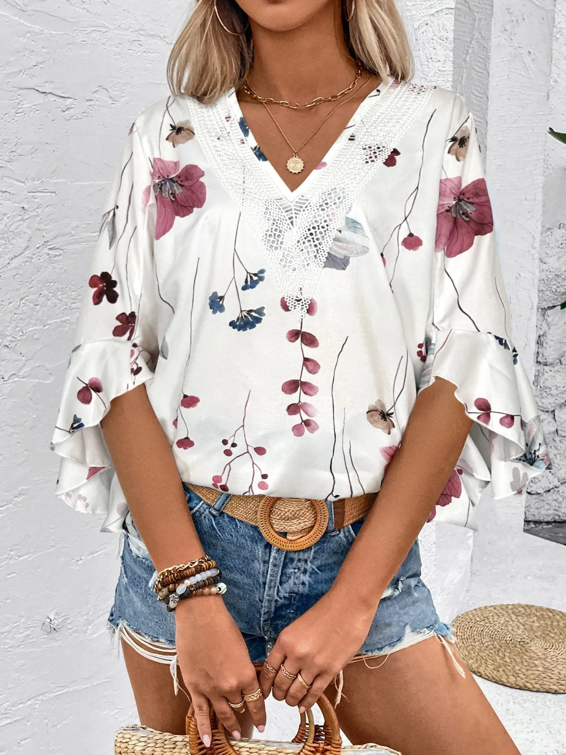 TEEK - Honey Ruffled Printed V-Neck Half Sleeve Blouse