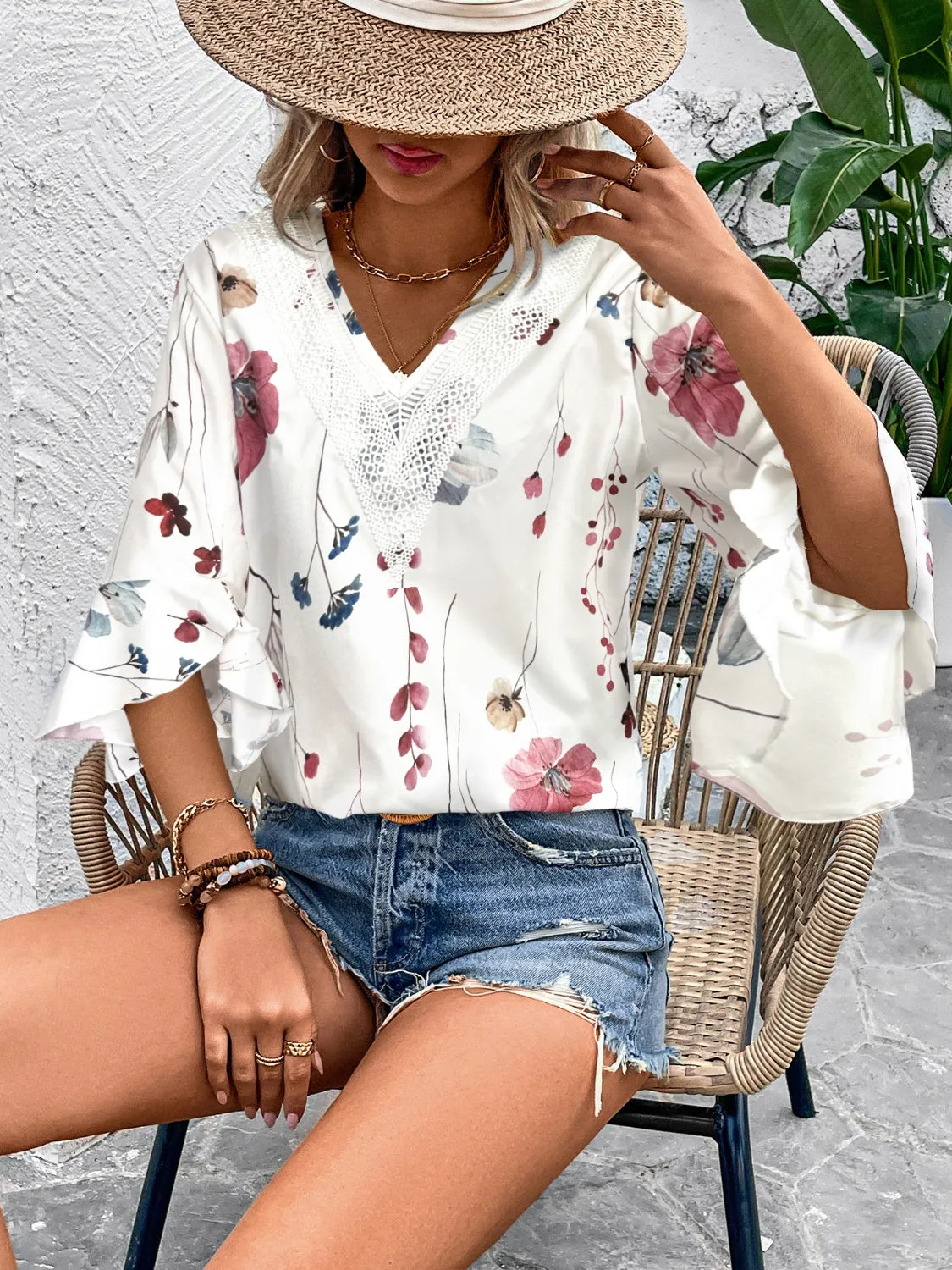 TEEK - Honey Ruffled Printed V-Neck Half Sleeve Blouse