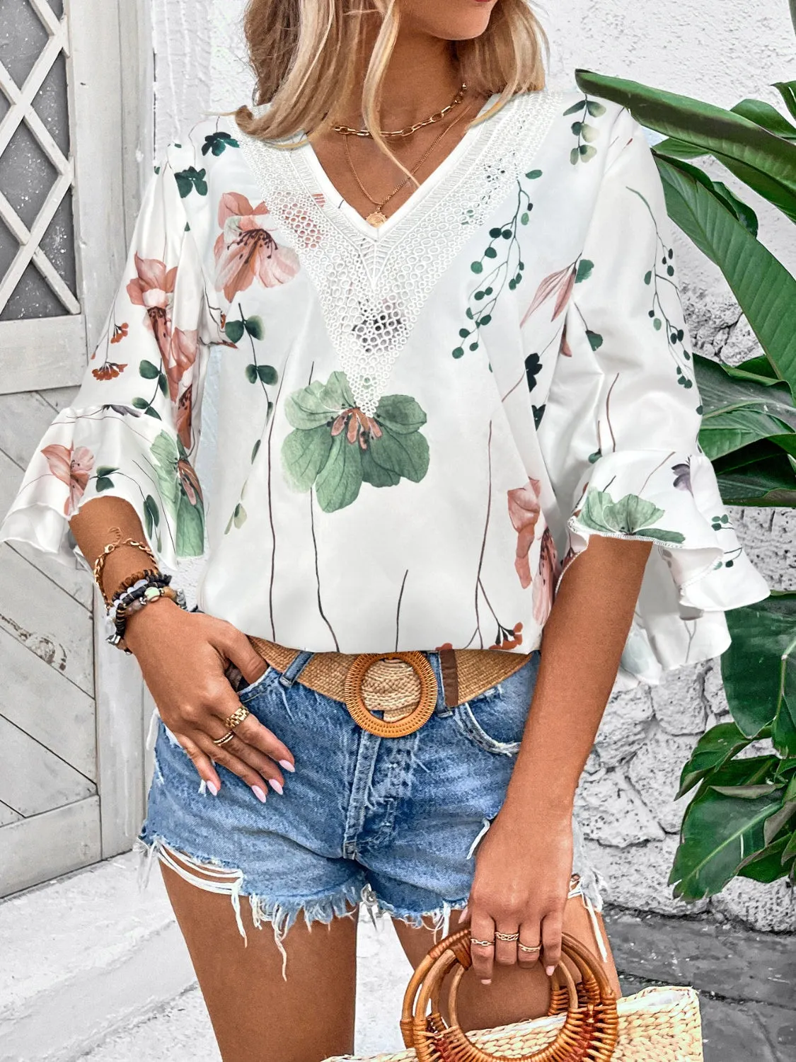 TEEK - Honey Ruffled Printed V-Neck Half Sleeve Blouse