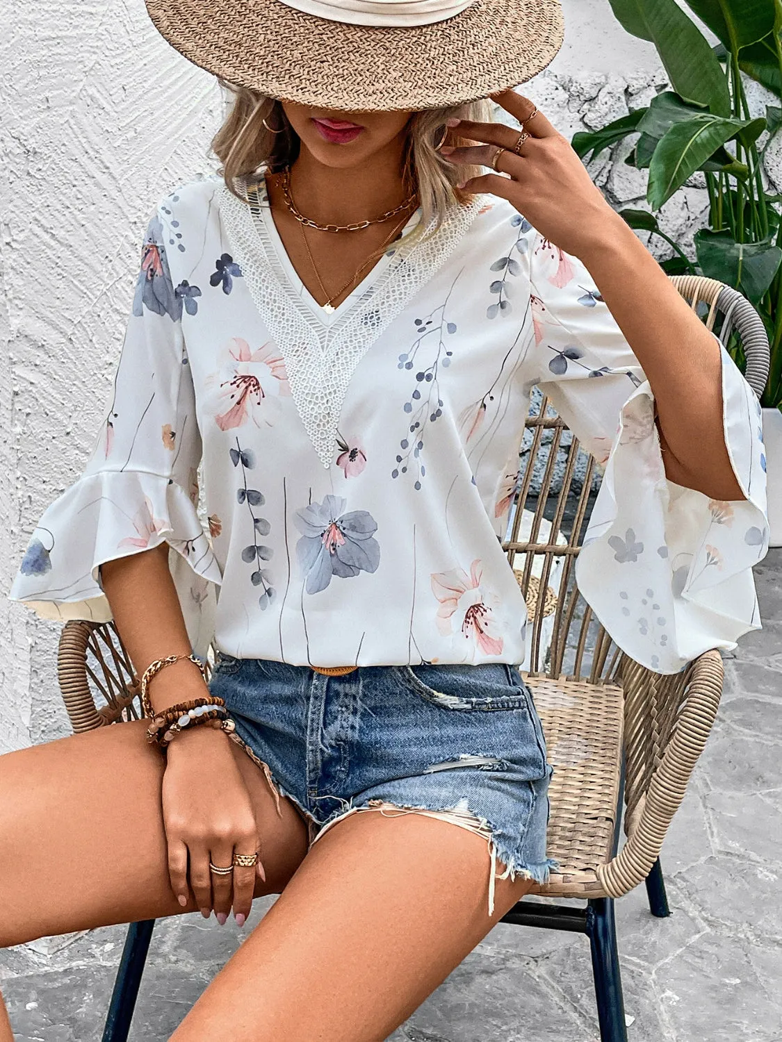 TEEK - Honey Ruffled Printed V-Neck Half Sleeve Blouse