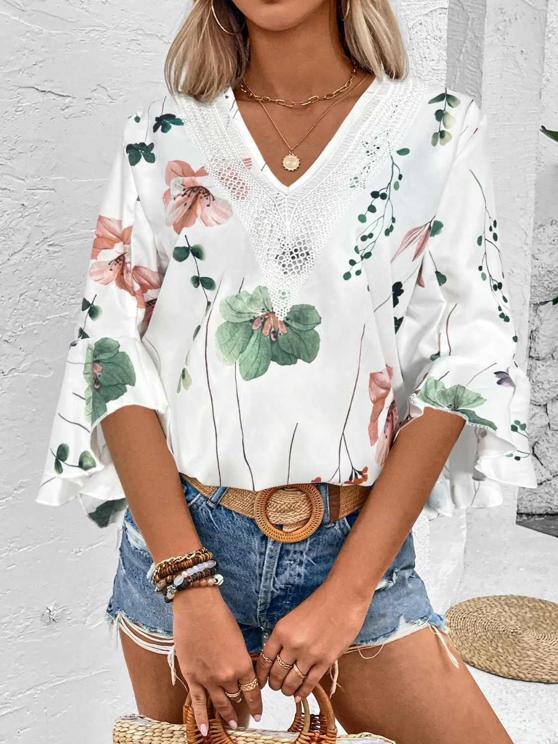 TEEK - Honey Ruffled Printed V-Neck Half Sleeve Blouse