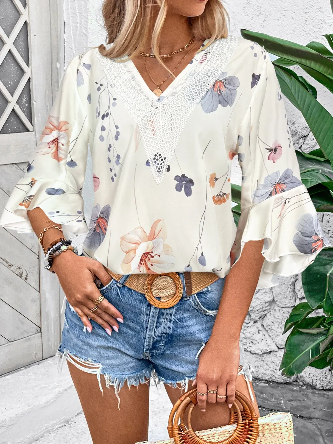 TEEK - Honey Ruffled Printed V-Neck Half Sleeve Blouse