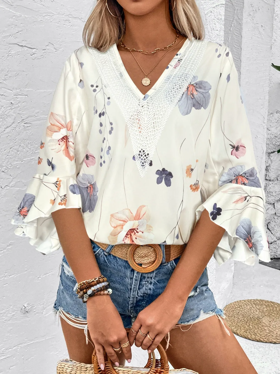 TEEK - Honey Ruffled Printed V-Neck Half Sleeve Blouse