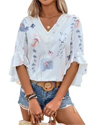 TEEK - Honey Ruffled Printed V-Neck Half Sleeve Blouse