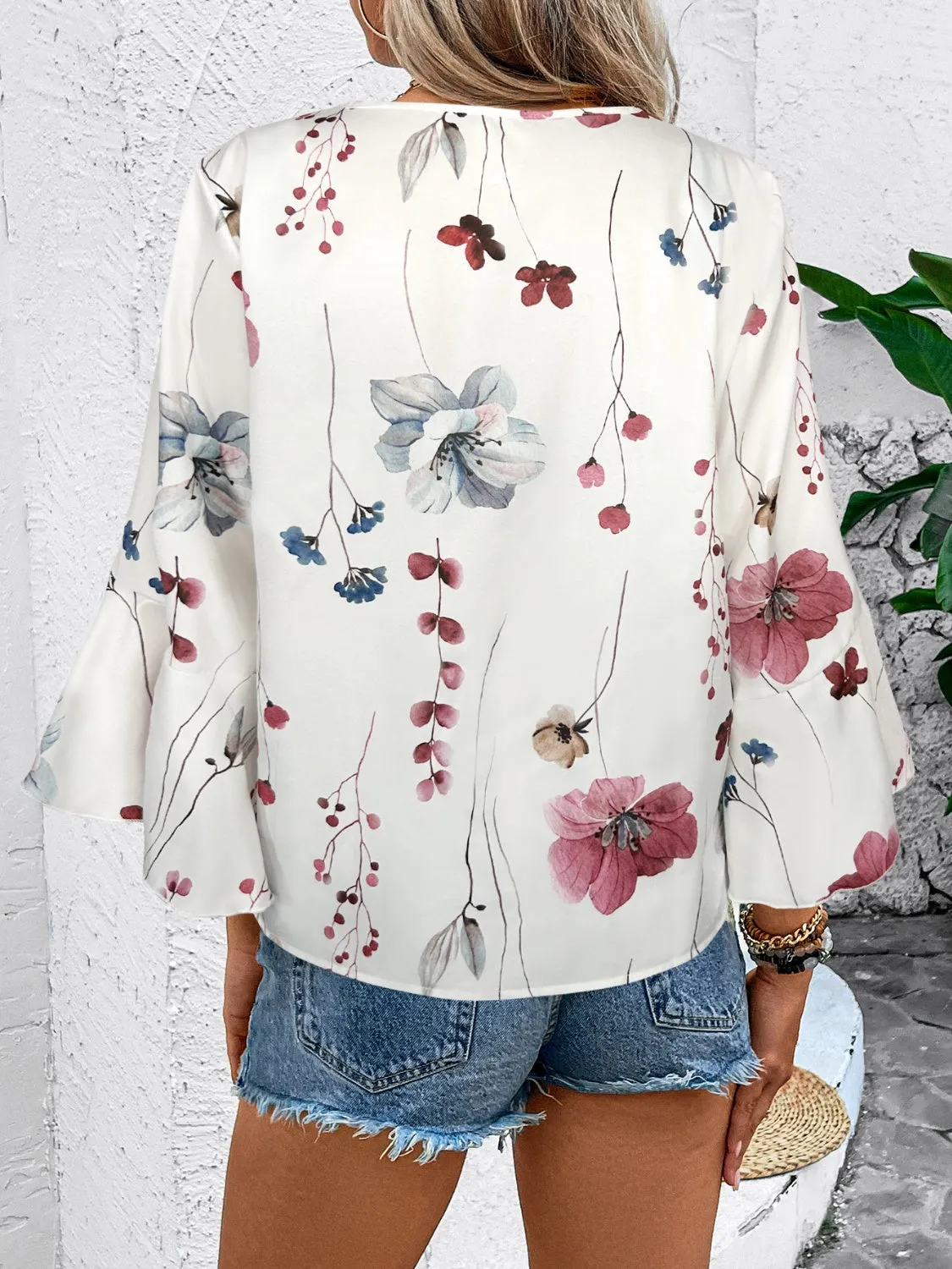 TEEK - Honey Ruffled Printed V-Neck Half Sleeve Blouse