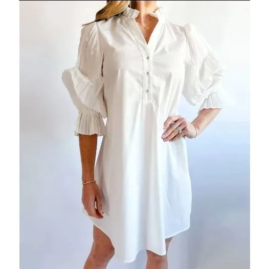 THML Poplin Pleated Detail Mini Dress, WHITE