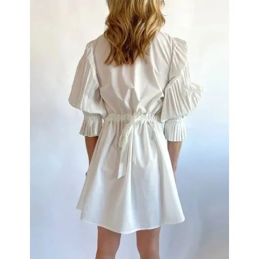 THML Poplin Pleated Detail Mini Dress, WHITE