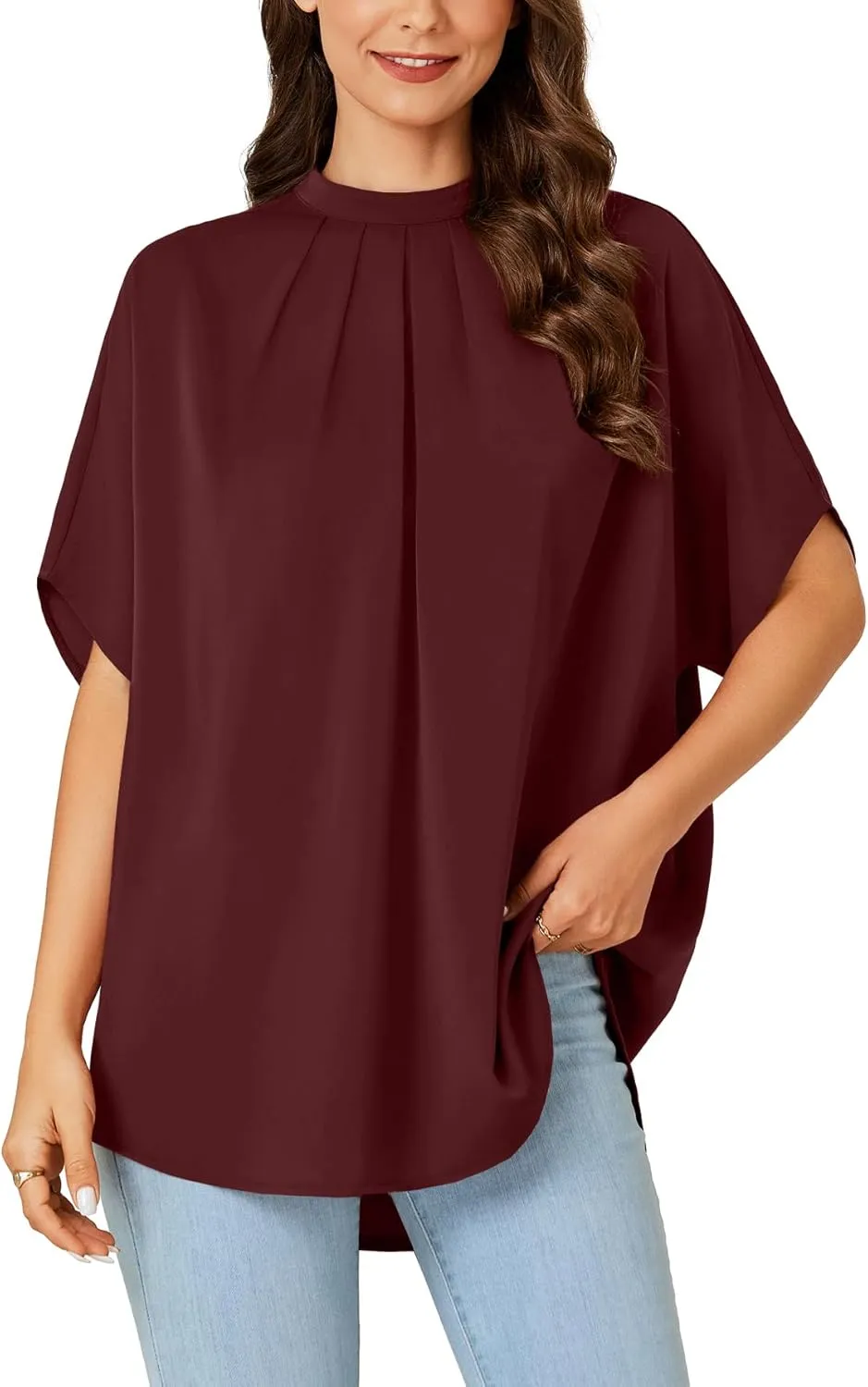 Vrtige Women's Casual Mock Neck Pleated Batwing Short Sleeve Oversized Blouse Shirt Top