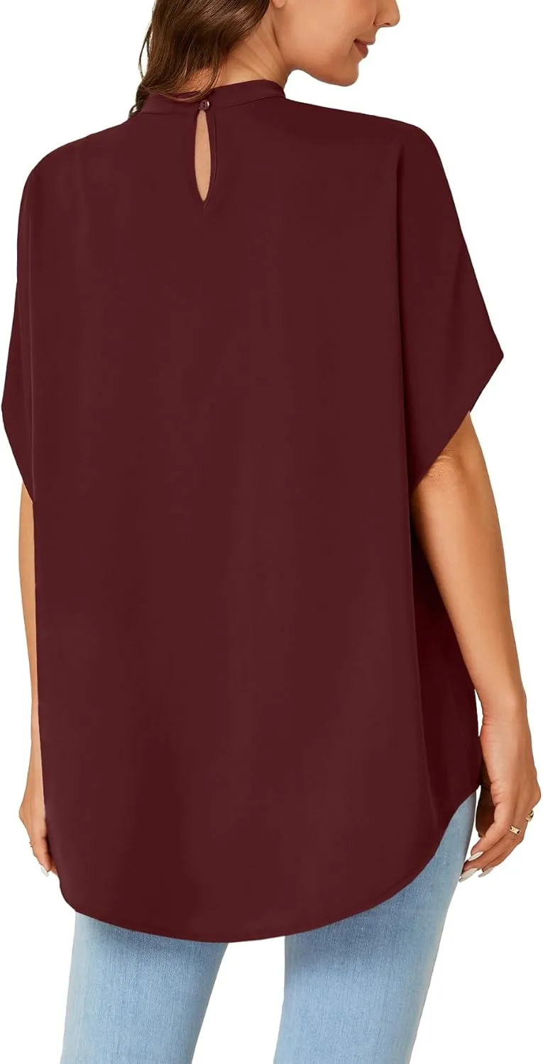 Vrtige Women's Casual Mock Neck Pleated Batwing Short Sleeve Oversized Blouse Shirt Top